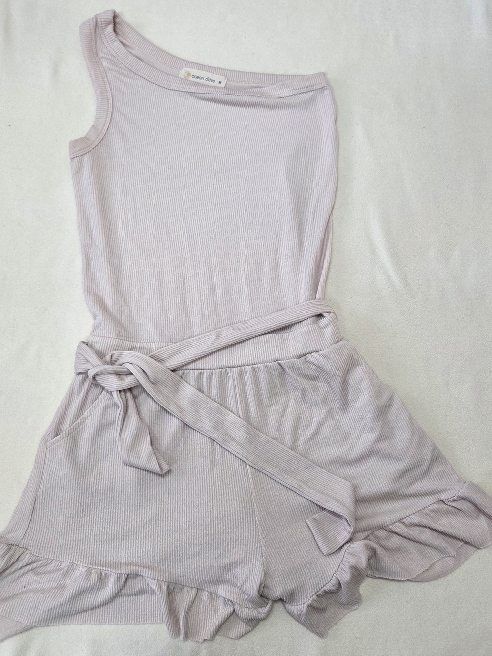 Ocean Drive Lavender Ribbed One-Shoulder Romper with Tie Waist